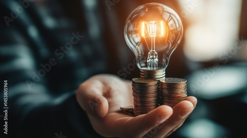 Obraz na płótnie Hand holding light bulb with money inside, symbolizing a bright idea that has potential for financial success. w salonie