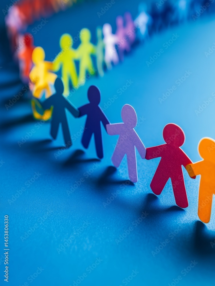 A group of people holding hands in a line. The people are of different colors and sizes. Concept of unity and togetherness