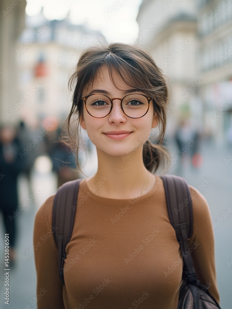 A friendly young woman wearing round glasses, posing on a city street with a backpack and casual attire.
