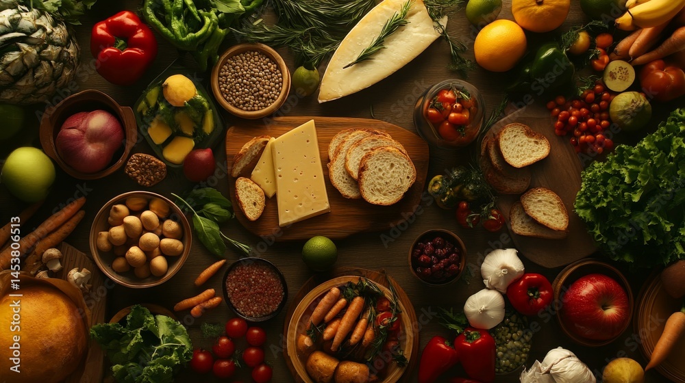 Various fresh fruits, vegetables and bread arranged on a table.