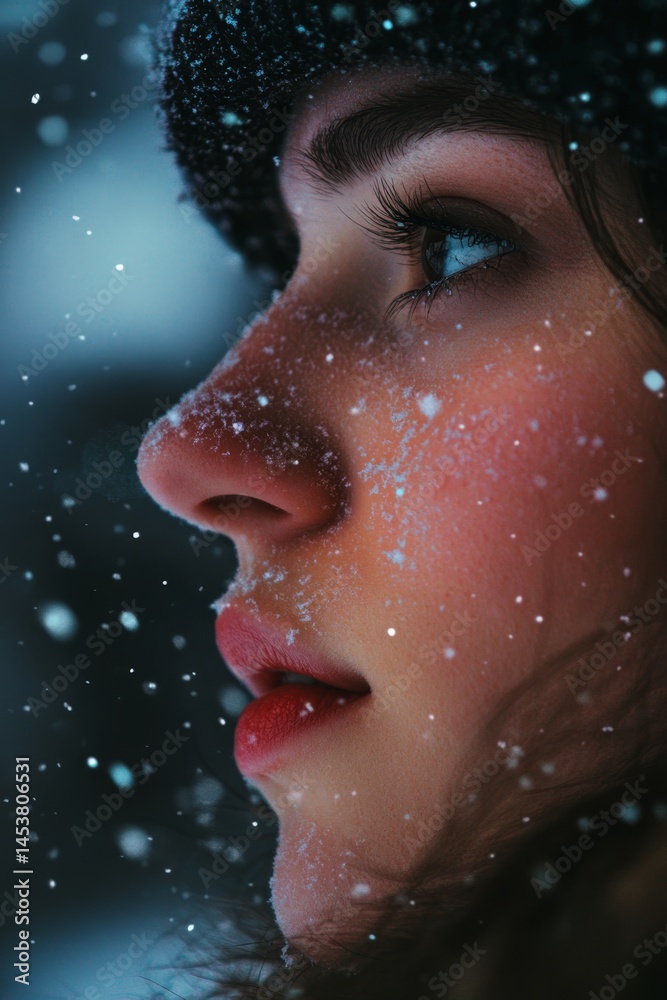 Caucasian woman looking upward with gentle expression, snowfall behind her face.