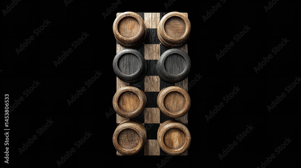 Classic checkers game dark wooden pieces on a checkered board strategic gameplay elegant design dark Classic checkers game dark wooden pieces on a checkered board strategic gameplay elegant design dark