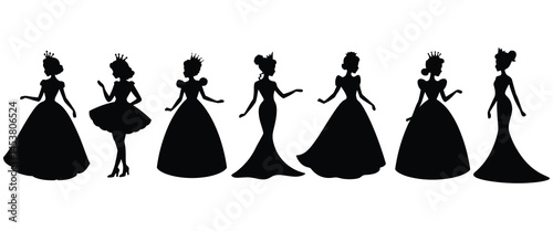 Princess silhouette, Princess set black silhouette vector, bride, princess black silhouette, Set silhouettes of princesses on a white background