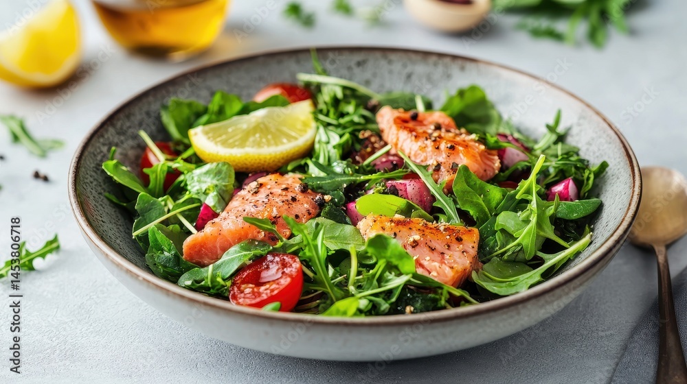 Fresh and Colorful Salmon Salad with Vegetables on Light Background for Healthy Eating Concept Fresh and Colorful Salmon Salad with Vegetables on Light Background for Healthy Eating Concept