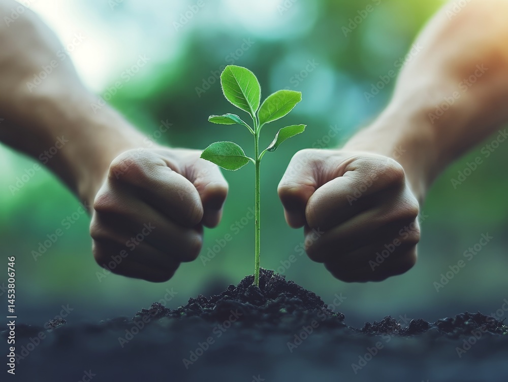 Hands planting a seedling into fresh soil, symbolizing growth and renewal in nature.