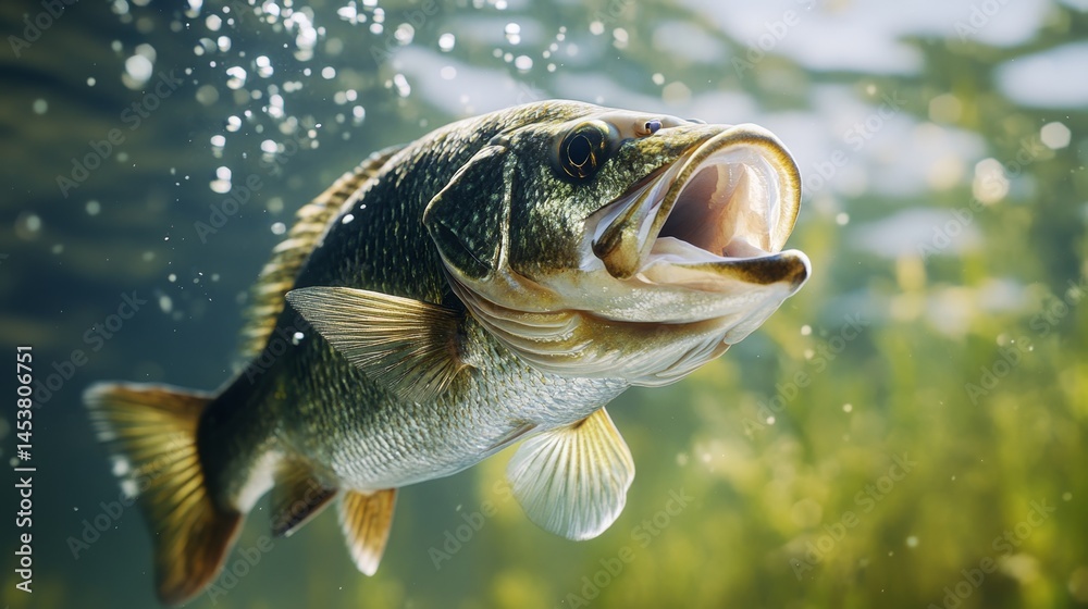 A largemouth bass swimming under water, captured with a clear view of its mouth open. It's surrounded by natural underwater habitat elements.