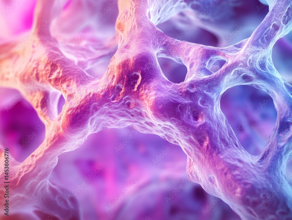3D rendering of a biological structure, such as the protein matrix in tissue cells, illustrating cellular components in vivid colors.
