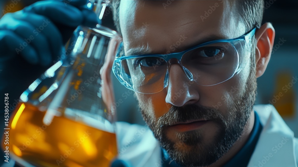 A scientist in a lab coat and goggles, focused on conducting chemical experiments.