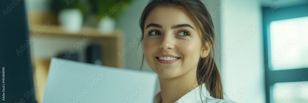 Smiling, young businesswoman in professional setting with document. Confidence and positive presentation.