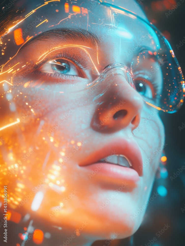 A woman's face is shown in a futuristic, glowing light. The image is a representation of a woman's face, but it is not a realistic representation