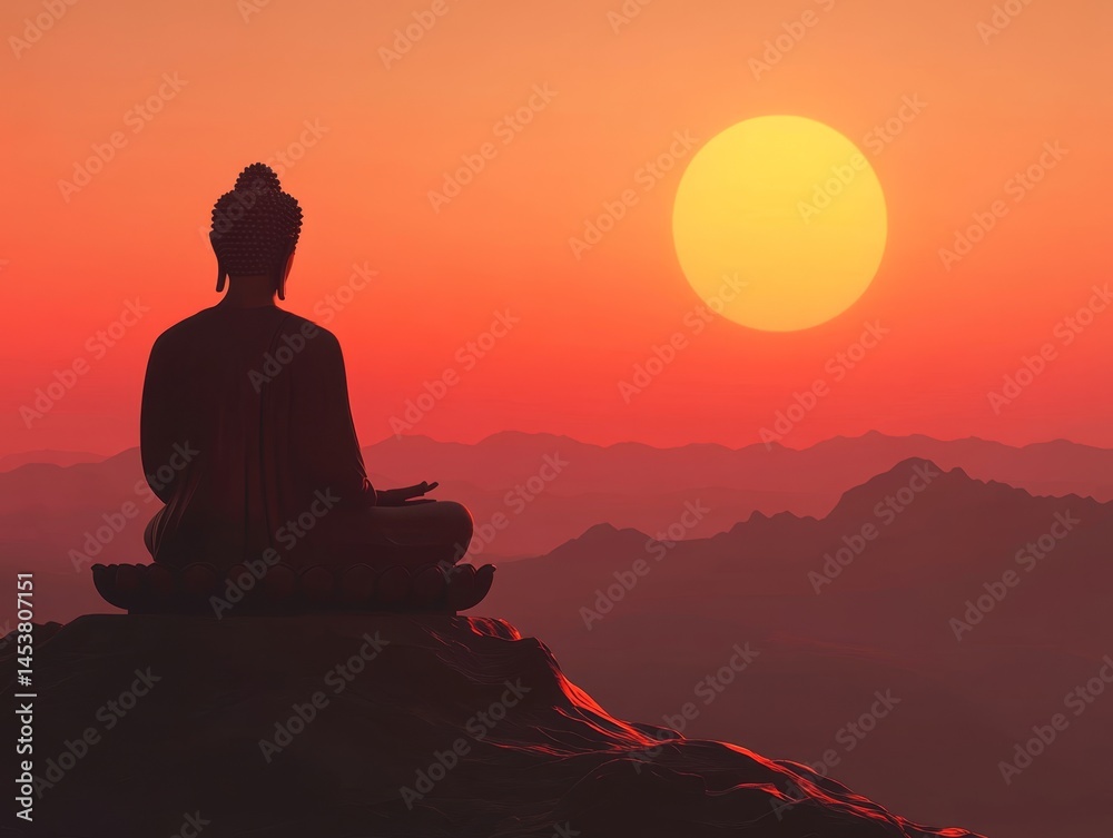 Silhouette of a meditating monk under the glowing red sky at sunset, with mountains in the distance.