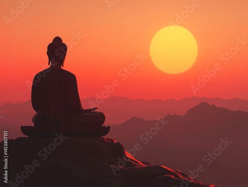 Obraz na płótnie Silhouette of a meditating monk under the glowing red sky at sunset, with mountains in the distance. w salonie