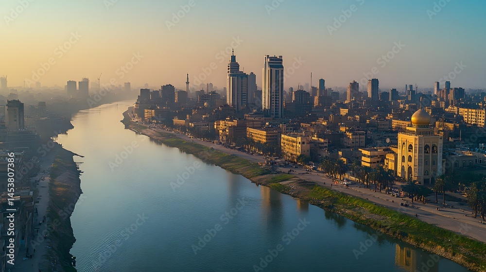 Naklejka premium Panoramic city view along a river at dawn.