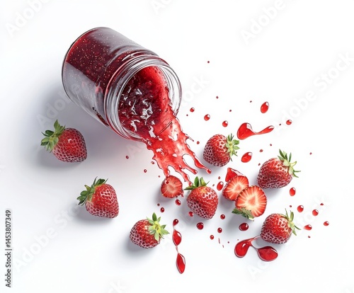 Strawberry jam spilling from jar, vibrant red, fresh berries