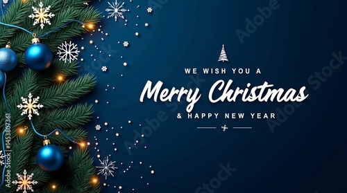 Elegant Christmas Greeting Card Design with Navy Blue Background and Festive Ornaments