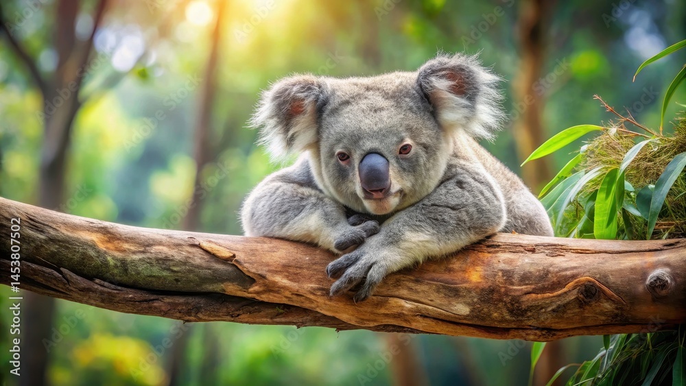 Fototapeta premium A cuddly koala bear resting on a sturdy branch in eucalyptus forest, its soft fur glistening with dew, resting, forest, resting