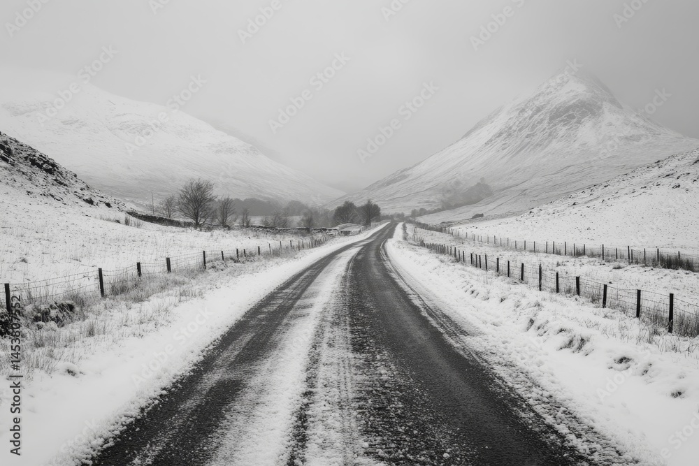 A country road blanketed in snow after a heavy winter storm.