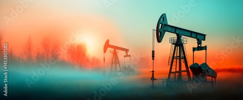 Serene Sunrise Over Oil Pumps in Misty Landscape photo
