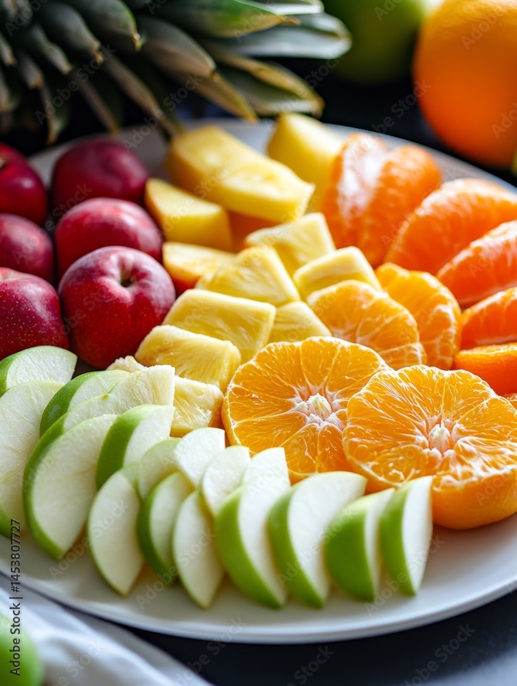 Apples, oranges, and pineapple on white plate.
