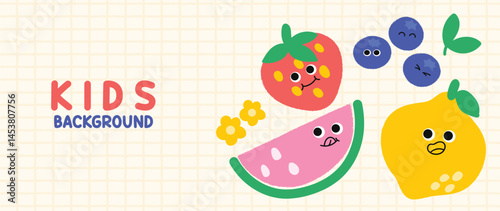 Kids and children background vector. Fun Childish hand drawn doodle design with fruit. Playful cartoon design for packaging design, wallpaper and print.