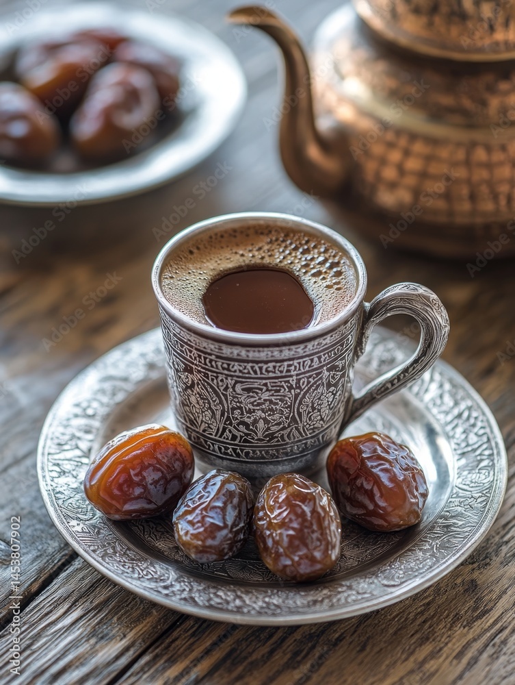 A cup of coffee is served in a silver cup on a plate with a few dried fruits. Concept of relaxation and indulgence, as the coffee and fruits are often associated with leisurely moments and comfort