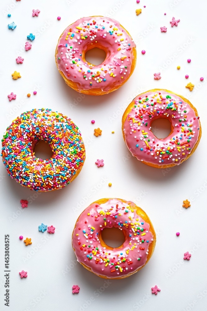 Four assorted donuts with pink, blue, and yellow glaze and rainbow sprinkles.