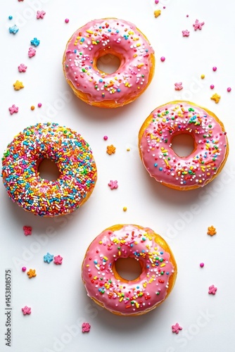 Obraz na płótnie Four assorted donuts with pink, blue, and yellow glaze and rainbow sprinkles. w salonie