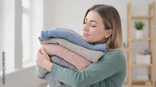 Wallpaper Mural Smiling woman holding clothes Torontodigital.ca