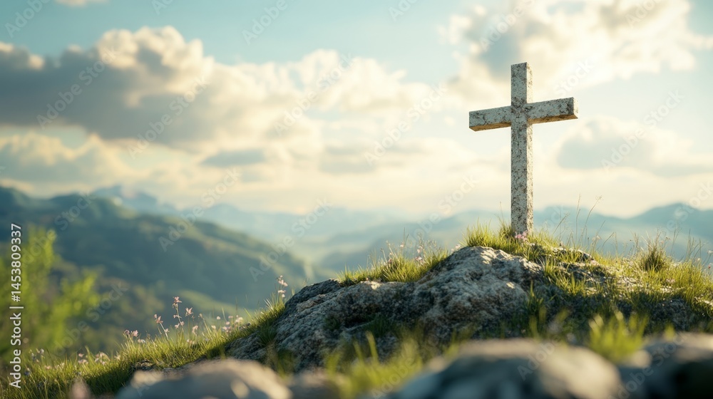 Cross atop rocky hill in nature, with clear sky and green landscape
