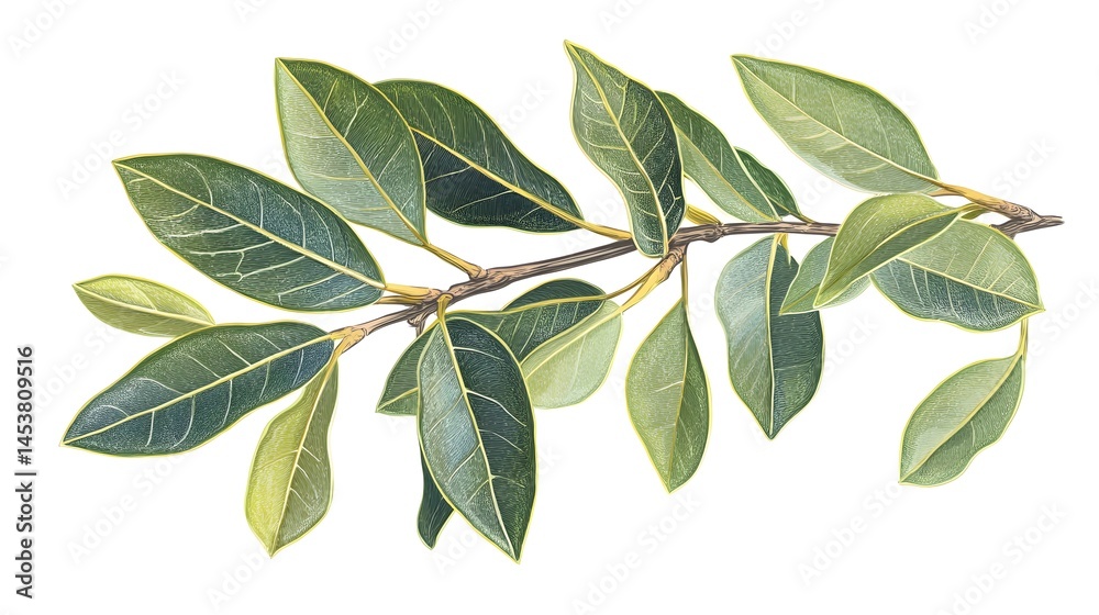 Obraz premium Close-up botanical illustration of leaves and branch.
