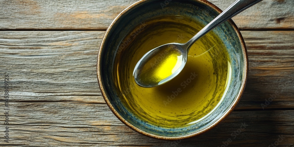 A bowl of oil with a spoon in it. The bowl is blue and the spoon is silver