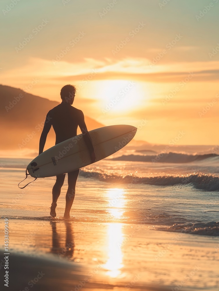 A lone surfer holding a board, standing on the beach at sunset with ocean waves in background.