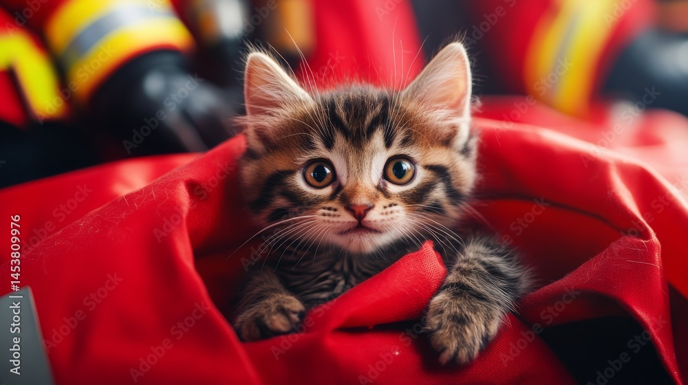 A cute tabby kitten peering out from a red firefighter jacket, possibly in a rescue or emergency setting.