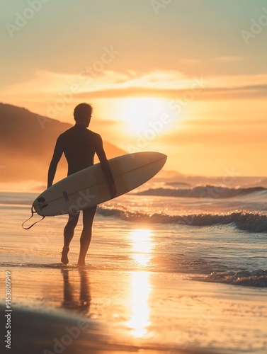 Obraz na płótnie A lone surfer holding a board, standing on the beach at sunset with ocean waves in background. w salonie