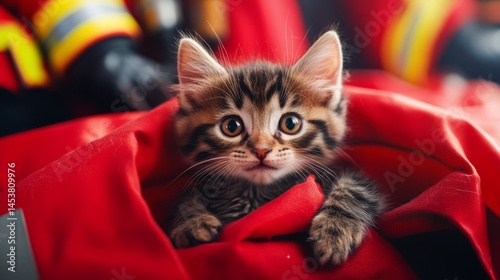 A cute tabby kitten peering out from a red firefighter jacket, possibly in a rescue or emergency setting.
