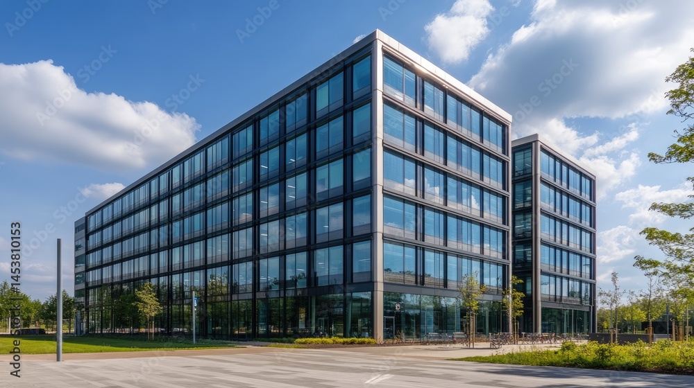 Fototapeta premium Modern office building exterior with glass and steel facade, sunny day
