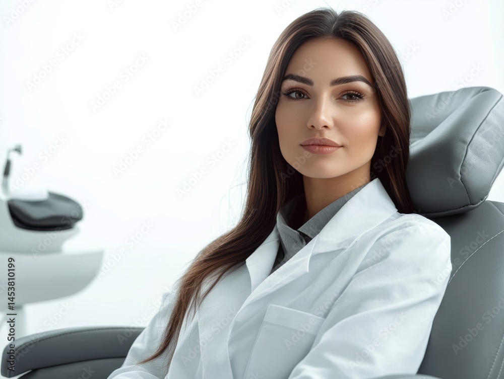 A beautiful young woman in a white lab coat, sitting at the head of an advanced dentist chair with a smile on her face.