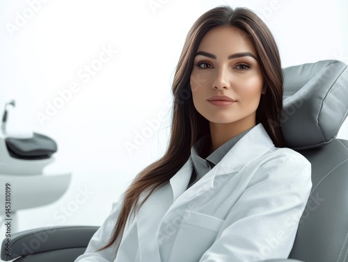 Obraz na płótnie A beautiful young woman in a white lab coat, sitting at the head of an advanced dentist chair with a smile on her face. w salonie