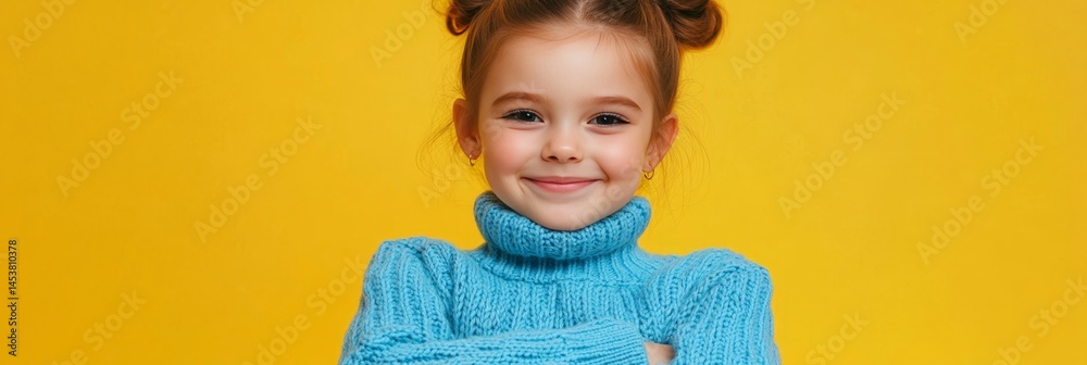 A young girl with blue sweater and pigtails is smiling at the camera. She is wearing a blue sweater and has her arms crossed