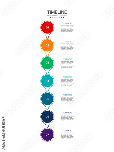 Timeline infographic template displaying seven vertical, numbered circles with a vibrant gradient from red to purple. Each circle has a connecting line to a text area. Vector illustration.