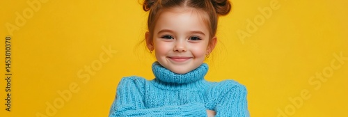 Obraz na płótnie A young girl with blue sweater and pigtails is smiling at the camera. She is wearing a blue sweater and has her arms crossed w salonie