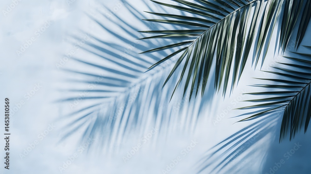 Fototapeta premium Pale blue background with palm frond shadows.