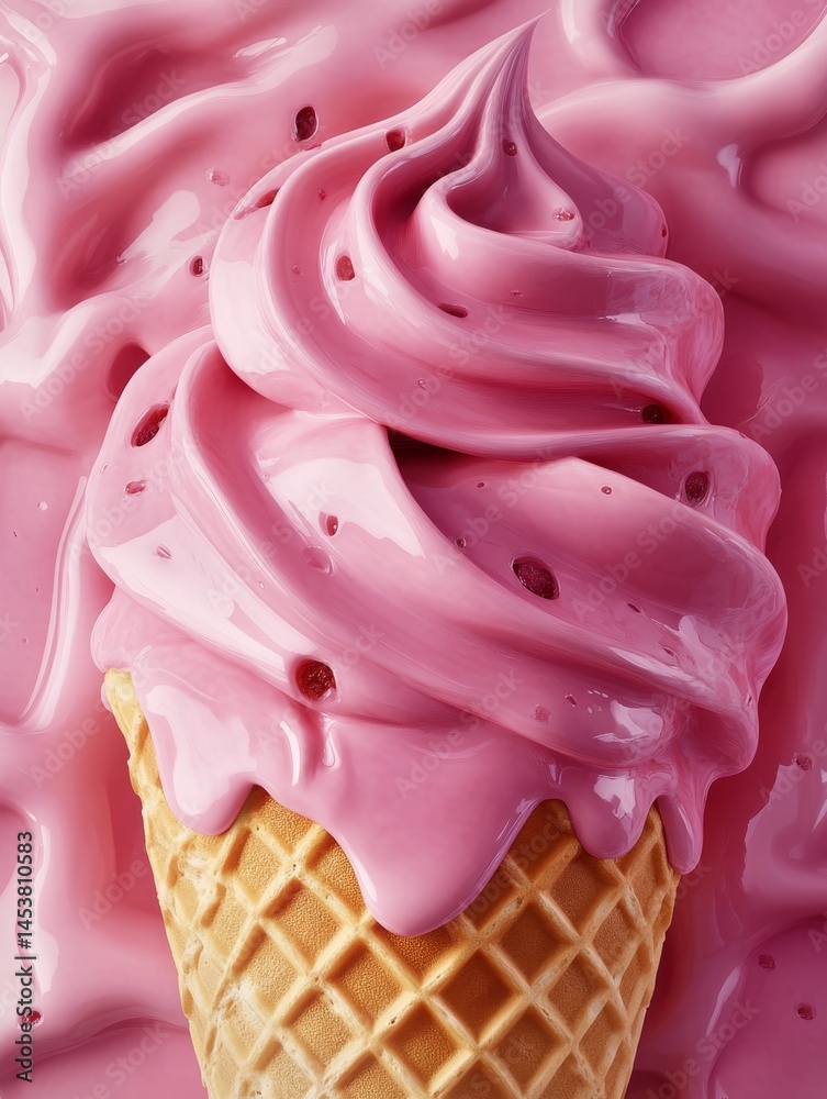 Vibrant pink swirl ice cream in a vanilla waffle cone, drizzled with extra pink sauce for a sweet and creamy treat.