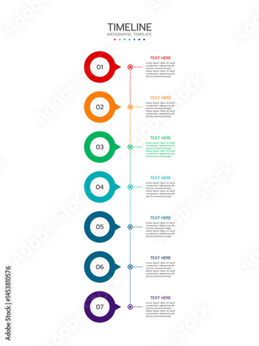 Timeline infographic template displaying seven vertical, numbered circles with a vibrant gradient from red to purple. Each circle has a connecting line to a text area. Vector illustration.