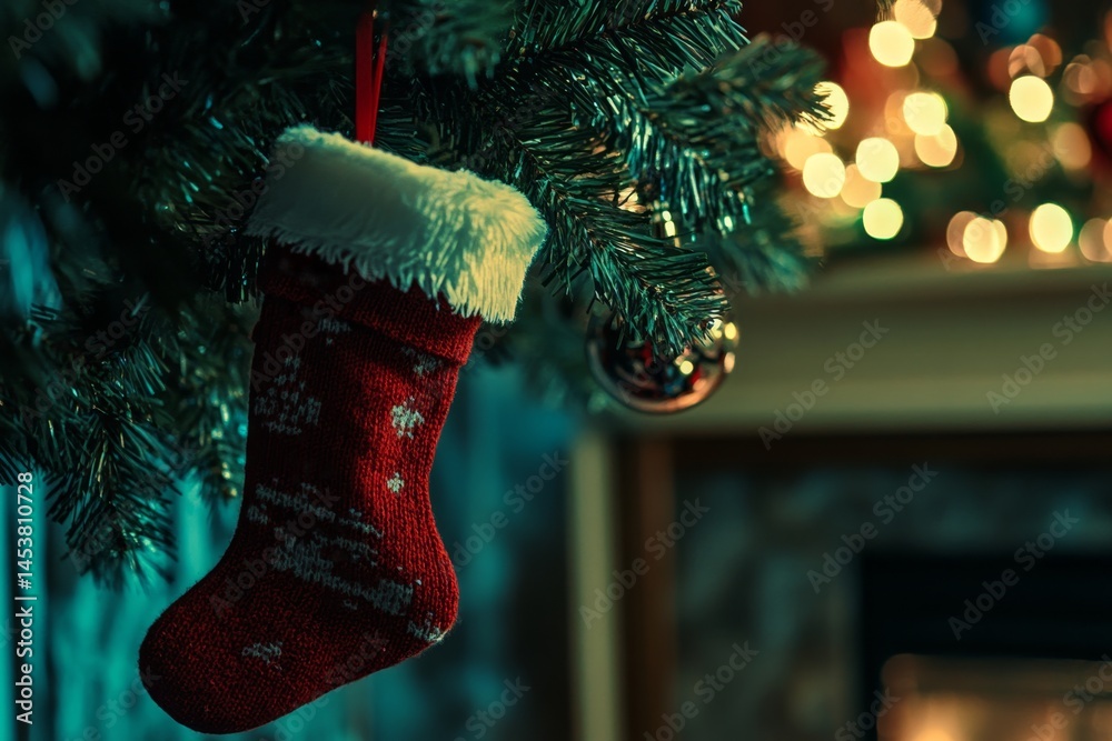 A Christmas stocking hanging from a tree, filled with holiday gifts and festive cheer.