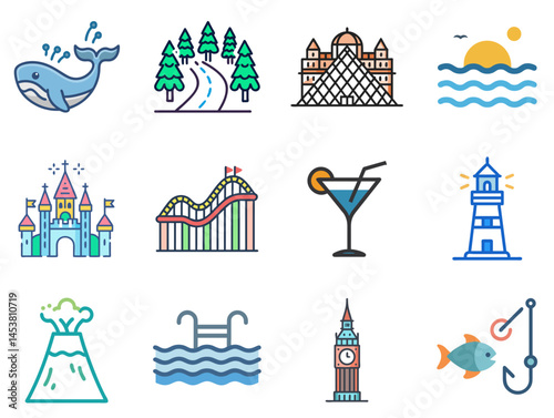 Global Adventures: Travel & Landmarks Lineal Color Icons Set 1
