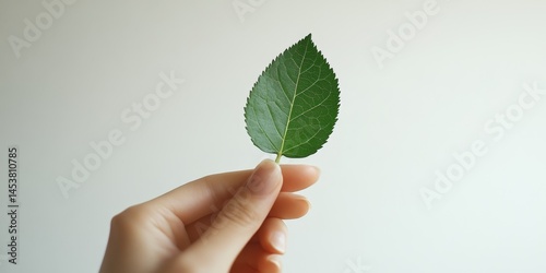 Obraz na płótnie Hand holding a single green leaf with visible veins, showing intricate details. Ideal for studies on nature, organic textures, or health and wellness themes. w salonie