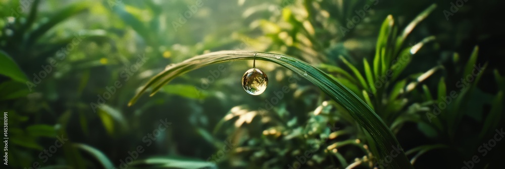 A single drop of water from a rainfall falling into the green canopy of a forest, surrounded by lush foliage and mossy boulders.