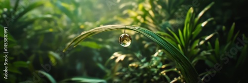 Obraz na płótnie A single drop of water from a rainfall falling into the green canopy of a forest, surrounded by lush foliage and mossy boulders. w salonie