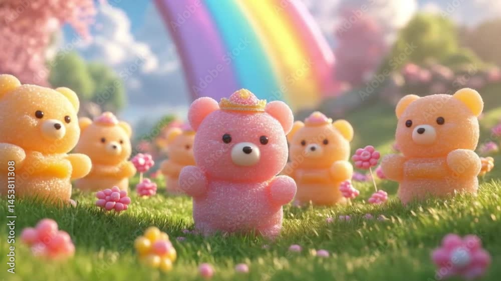 Whimsical Gummy Bear Parade Through a Sugary Candy Meadow